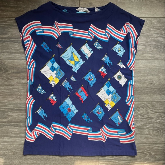 J. McLaughlin Navy Cap Sleeve Flag Print Top Size M Yacht Boating Spring Preppy - Picture 1 of 8